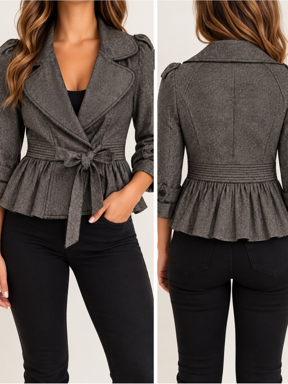 Emphasis Size 4 Wool Blend Gray Belted Peplum Jacket